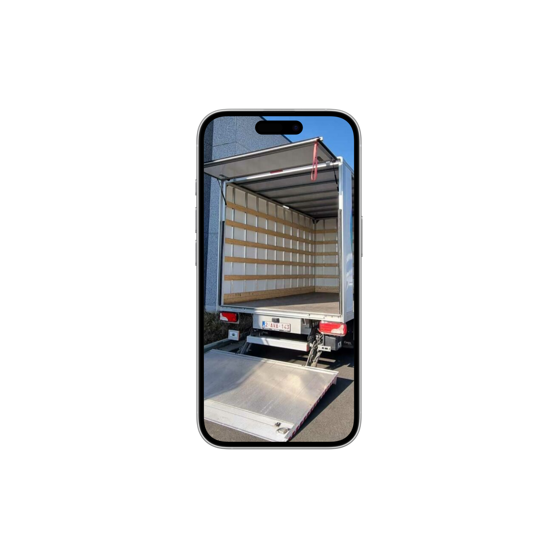 Smartphone affichant un camion avec hayon élévateur ouvert